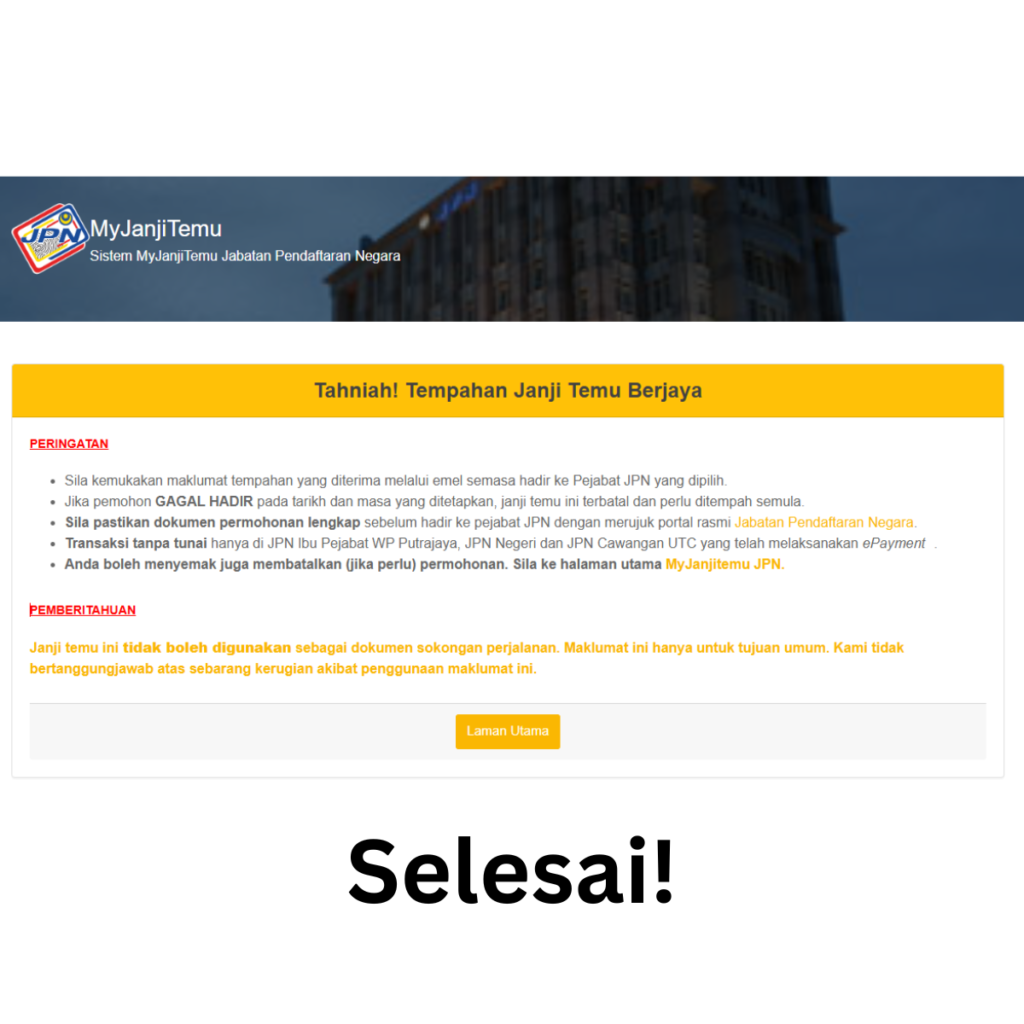 Cara Buat Temujanji Tukar IC di Sistem Janji Temu JPN