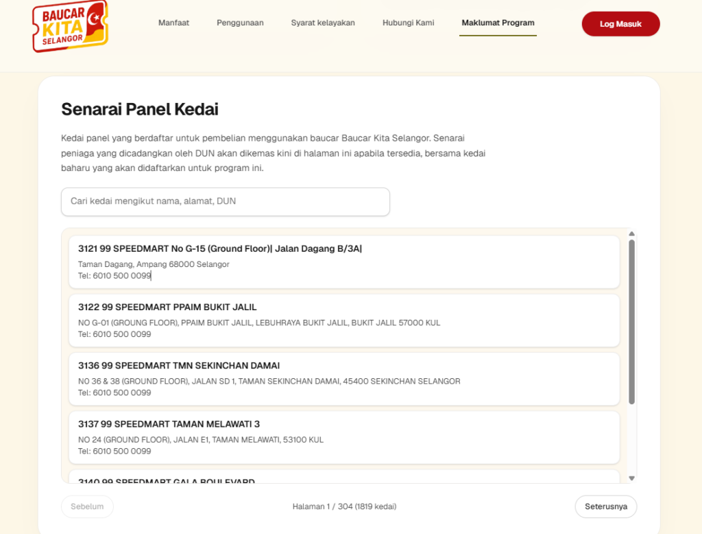 senarai kedai panel Baucar Kita Selangor 
