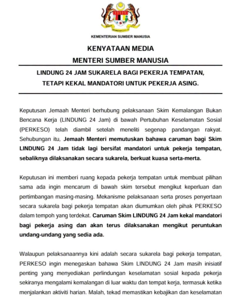 LINDUNG 24 Jam Tidak Lagi Mandatori untuk Pekerja Tempatan, Pekerja Asing Kekal Diwajibkan 1