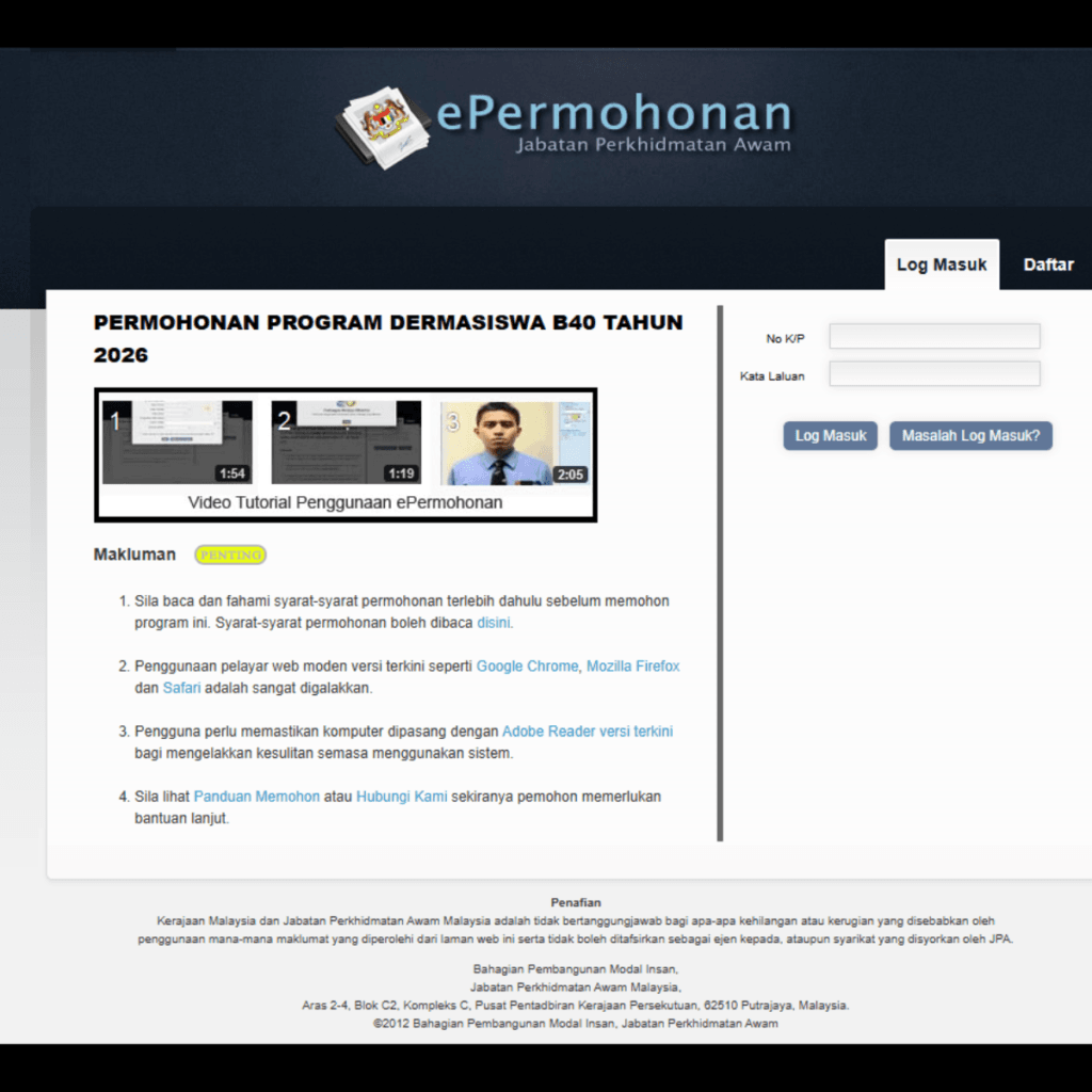https://esilav2.jpa.gov.my permohonan dermasiswa b40 2026