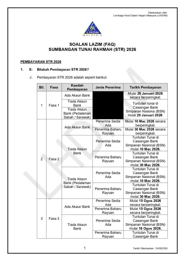 "Jadual soalan lazim pembayaran Sumbangan Tunai Rahmah Fasa 3 peringkat Kementerian Kewangan"