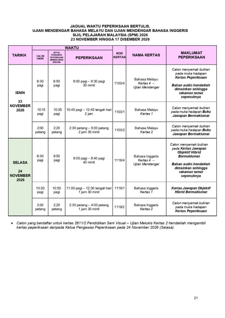 Jadual Waktu  SPM 2026 - Ujian Bertulis 23-24 november 