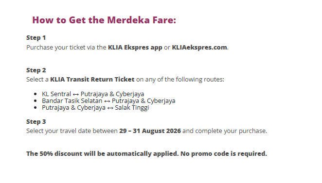 tawaran menarik hari kemerdekaan 31 ogos - Diskaun 50% Tiket Pergi Balik KLIA Transit