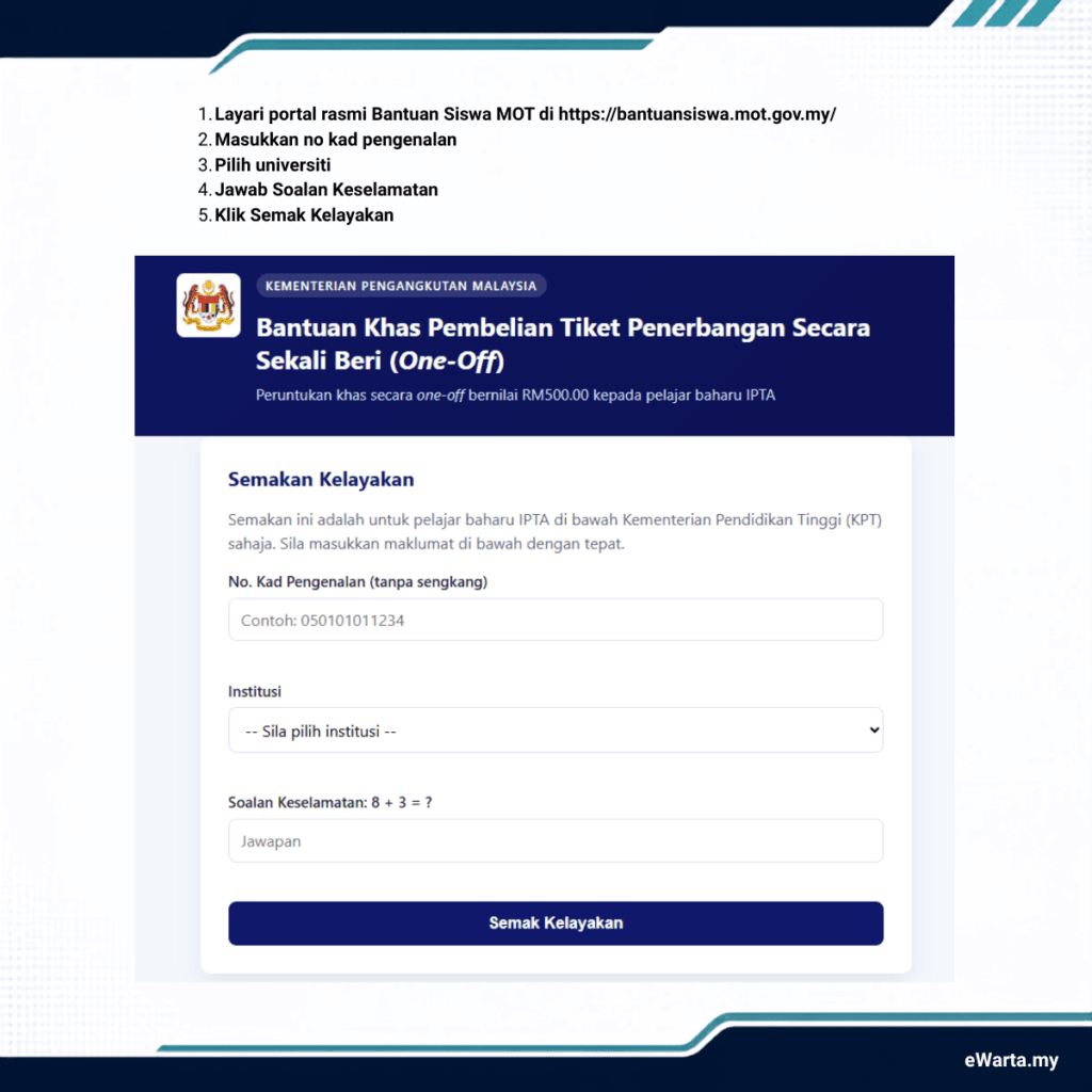 infografik Cara Buat Semakan Kelayakan Bantuan Khas Tiket Penerbangan Pelajar Baharu IPTA