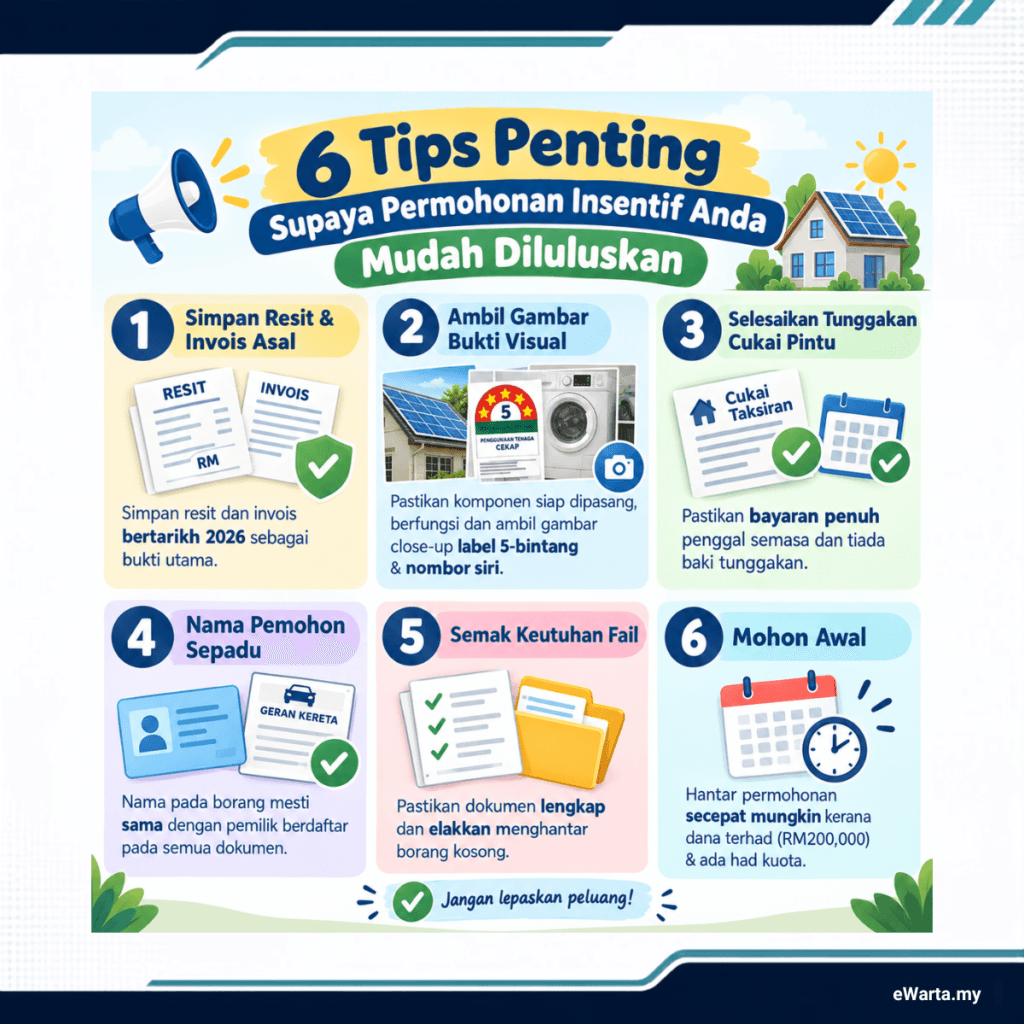 infografik 6 tips permohonan mudah lulus untuk Insentif Kediaman Mesra Alam MPKj 2026 (Rebat Cukai Pintu)
