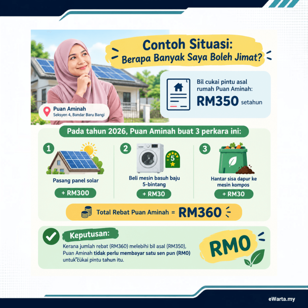 infografik contoh situasi permohonan Insentif Kediaman Mesra Alam MPKj 2026 (Rebat Cukai Pintu)