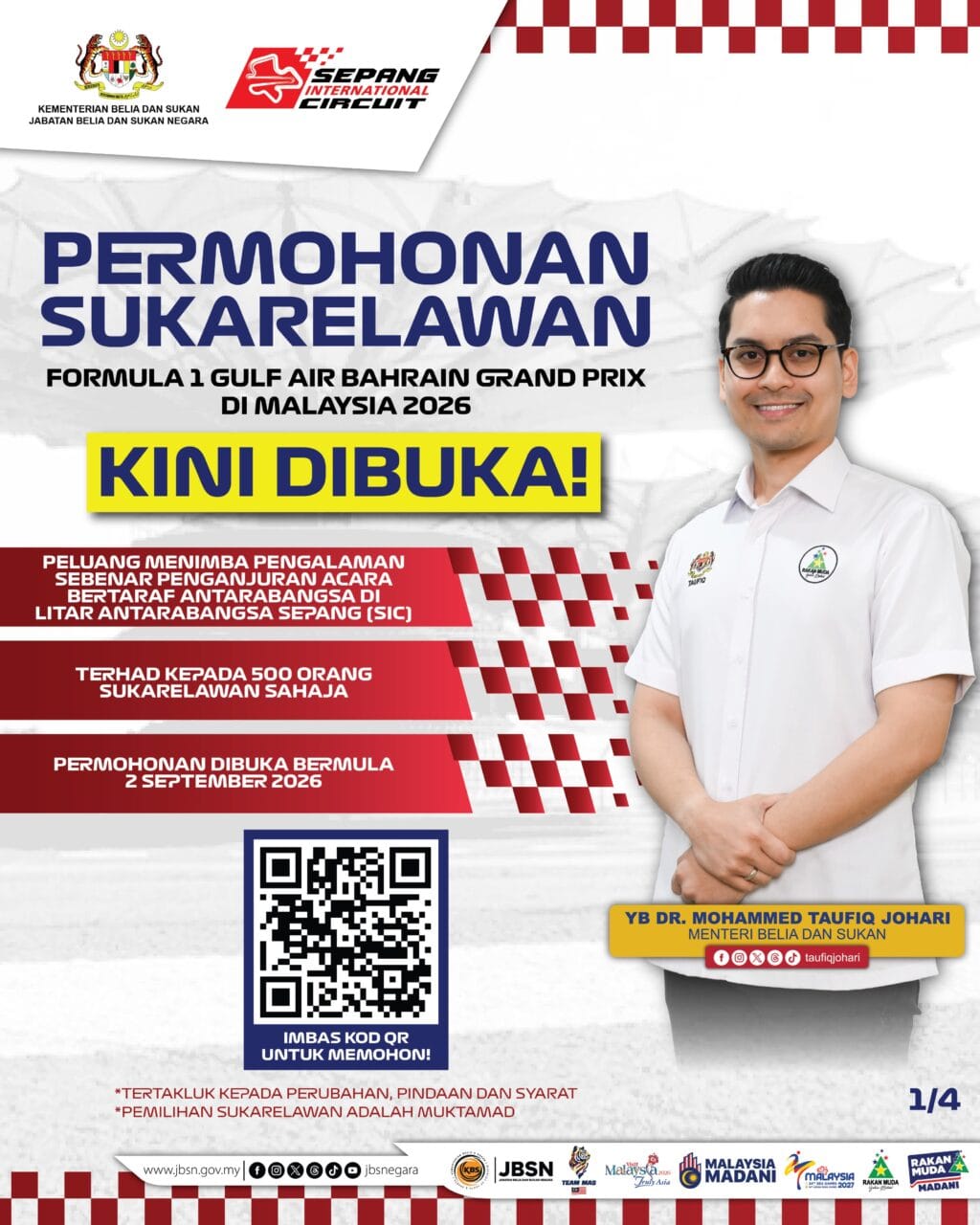 infografik Permohonan Sukarelawan Formula 1 Gulf Air Bahrain Grand Prix di Malaysia 2026