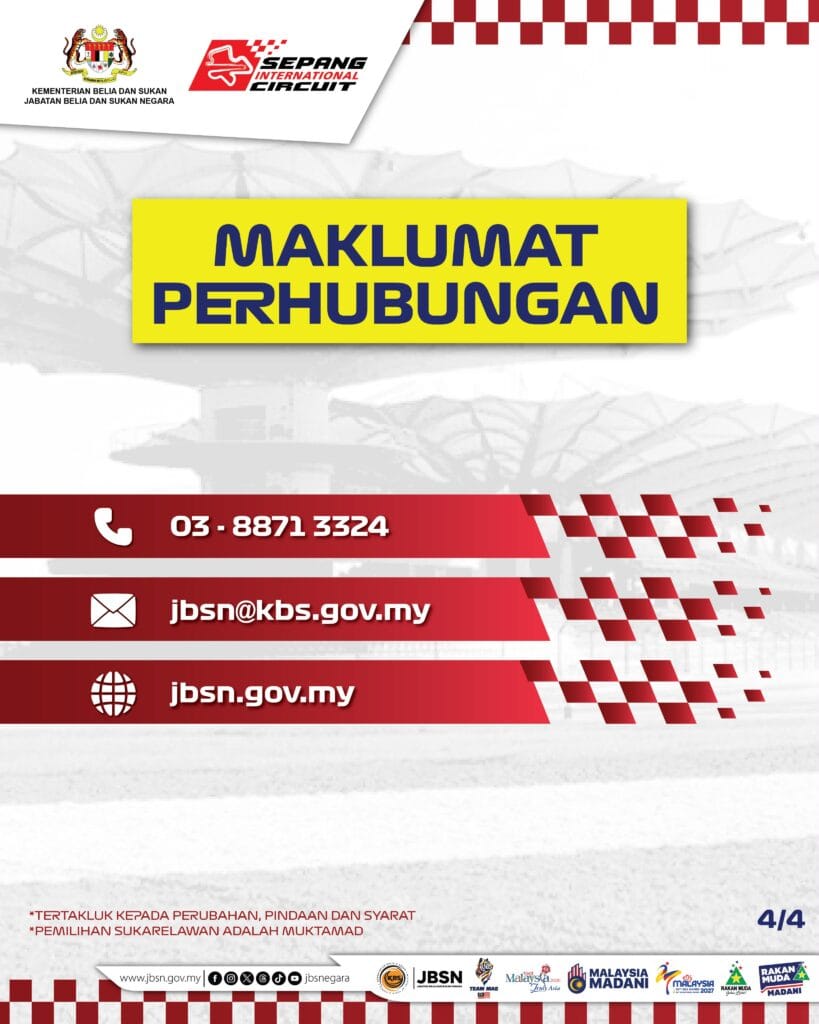infografik maklumat perhubungan (urusetia) pengambilan sukarelawan Formula 1 Gulf Air Bahrain Grand Prix di Malaysia 2026