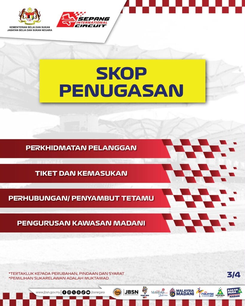 infografik skop tugas Sukarelawan Formula 1 Gulf Air Bahrain Grand Prix di Malaysia 2026