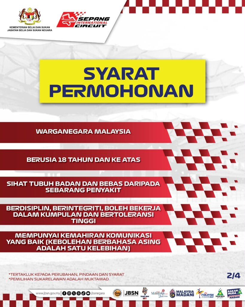 Infografik syarat permohonan jadi sukarelawan F1 2026 di Sepang