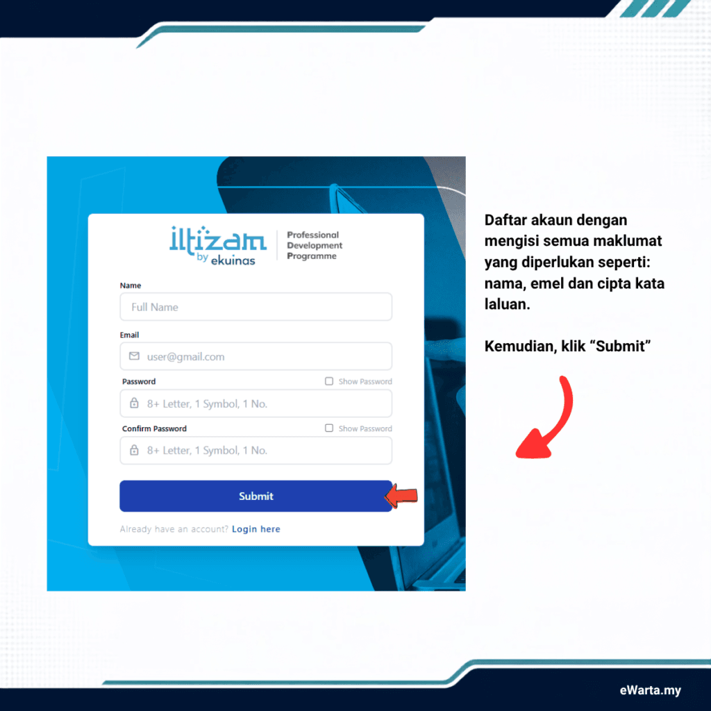 infografik cara mohon iltizam pdp ekuinas 2027 - daftar akaun