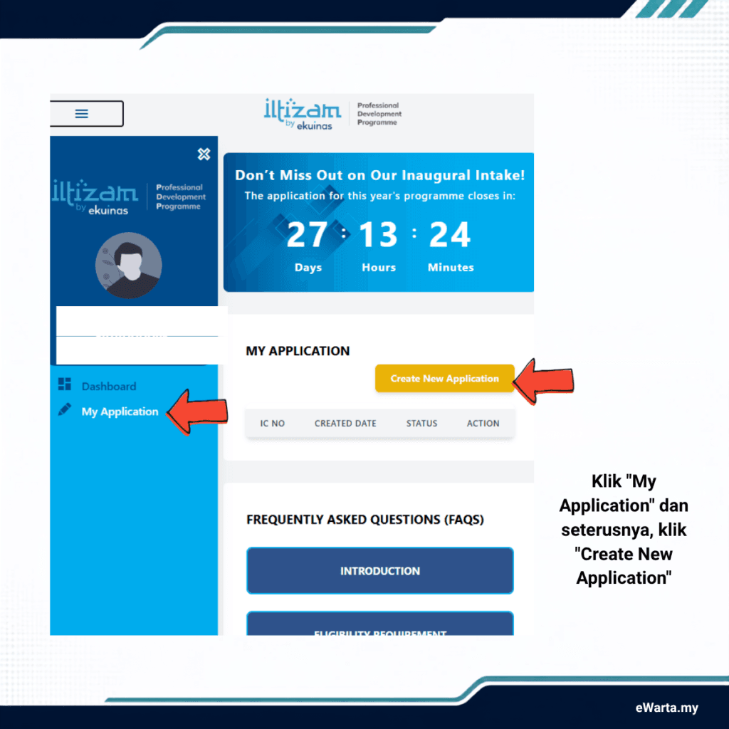 infografik cara mohon iltizam pdp ekuinas 2027 - klik my application