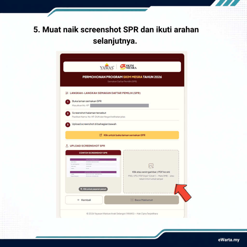 Infografik cara mohon skim mesra untuk warga emas dan oku di selangor dengan memuat naik paparan SPR