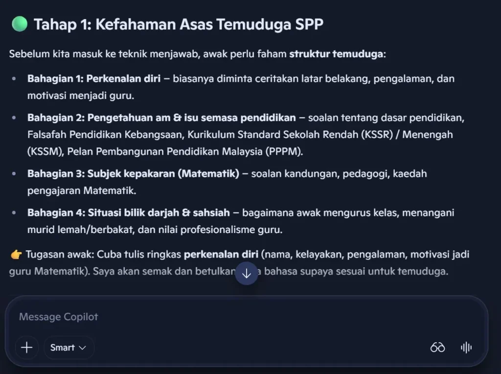 infografik prompt untuk AI bagi berlatih temuduga spp dg9 - tulis satu persatu