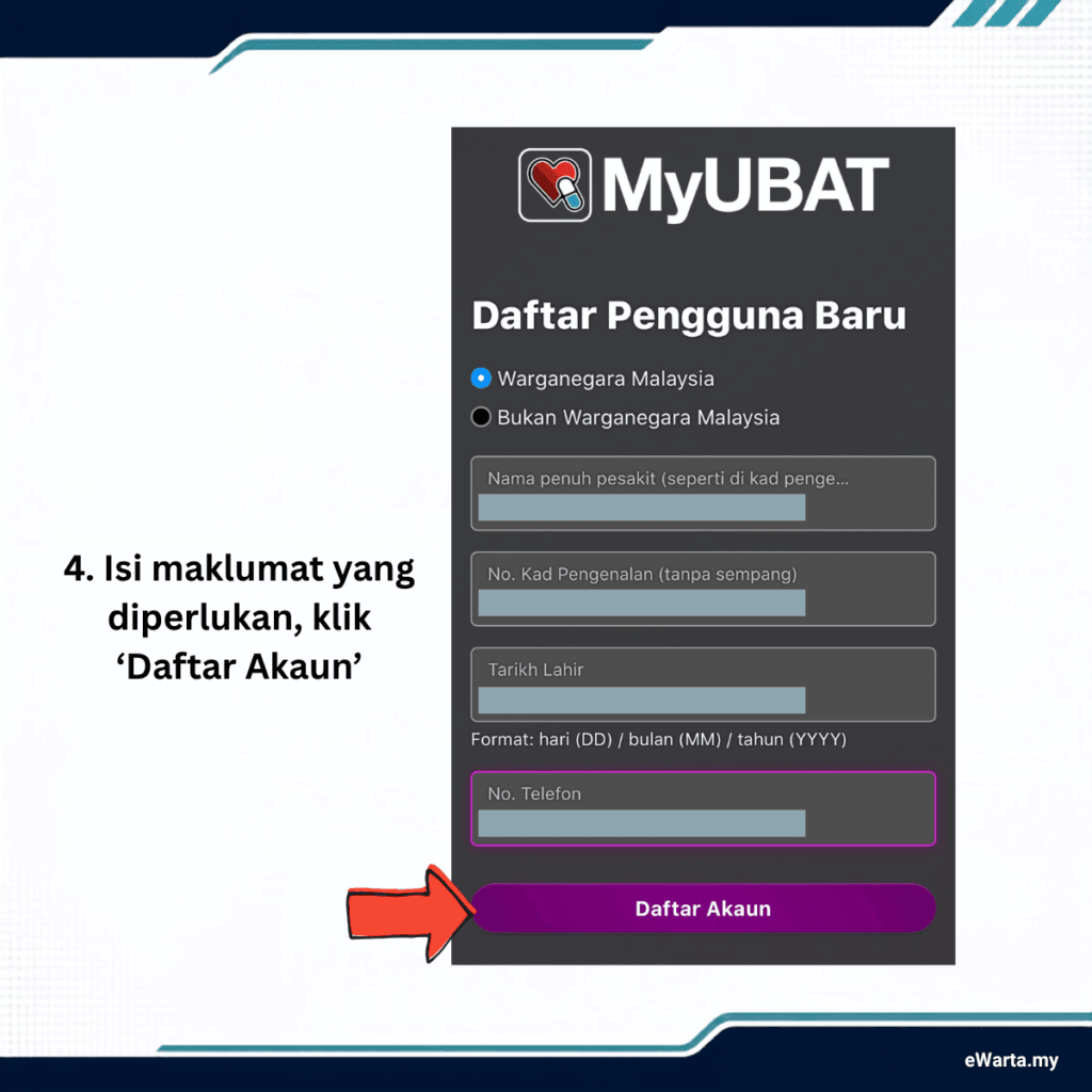 Infografik cara daftar akaun myubat untuk penghantaran ubat pos