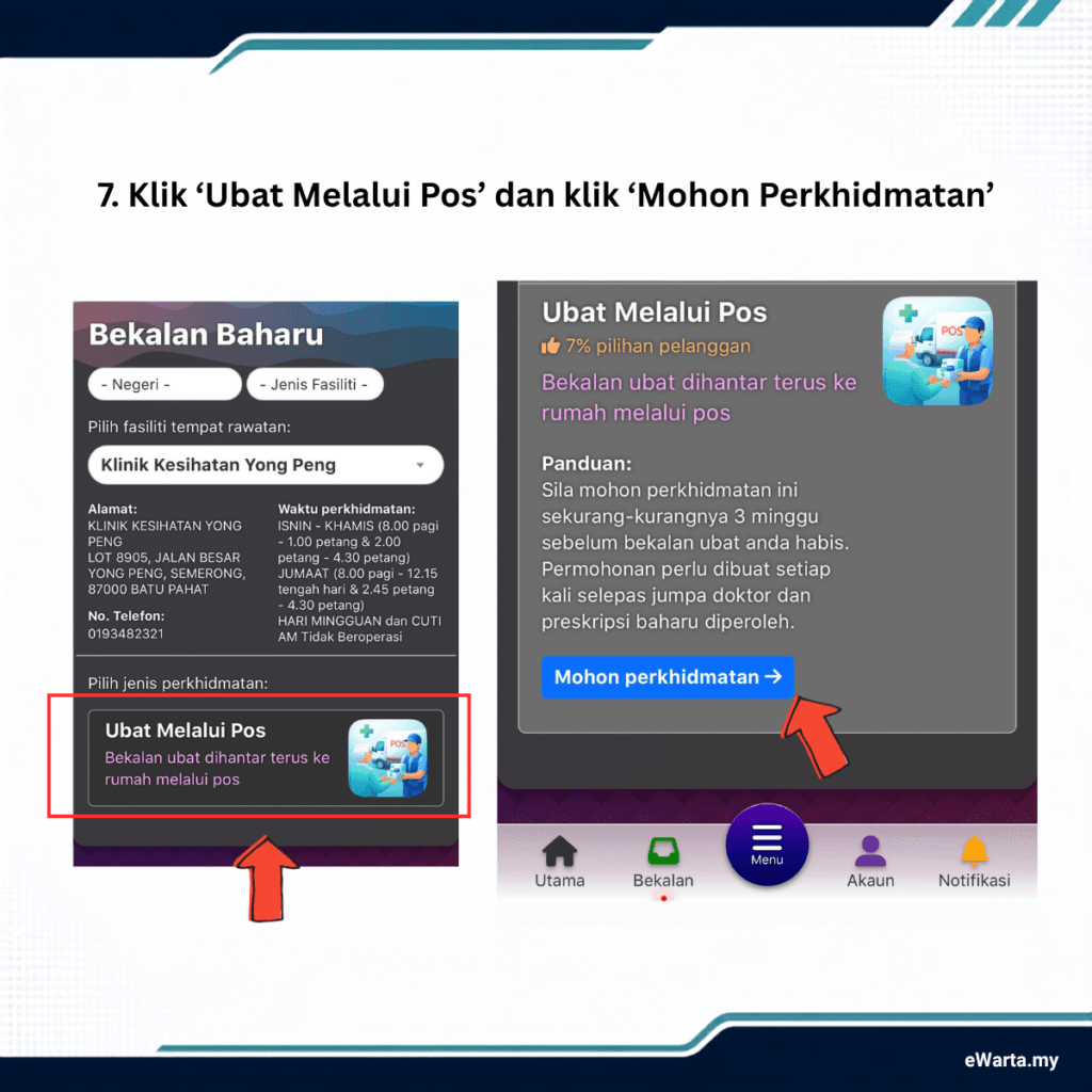 Infografik Penghantaran Ubat Melalui Pos (UMP) - pilih ubat melalui pos dan mohon perkhidmatan